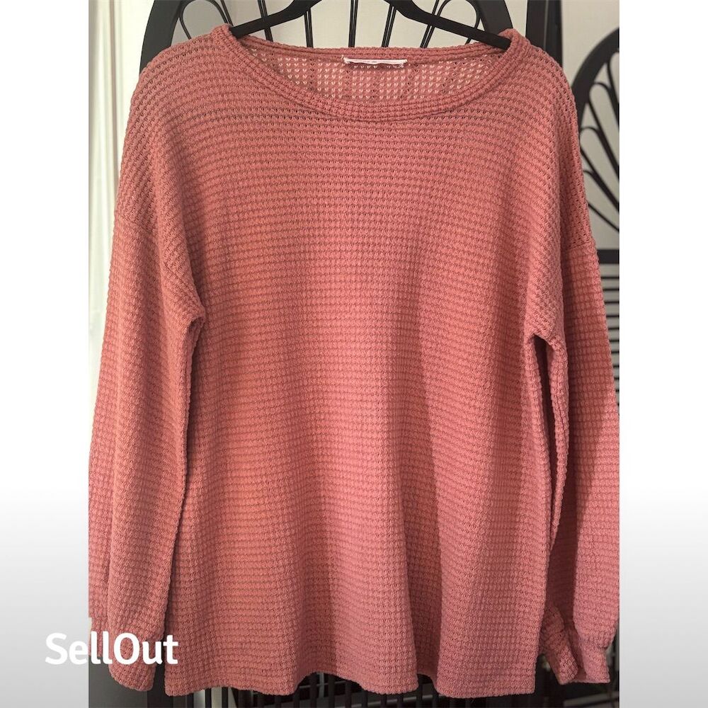 Vine & Love Women's Pink Waffle Knit Long Sleeve Pullover Sweater M